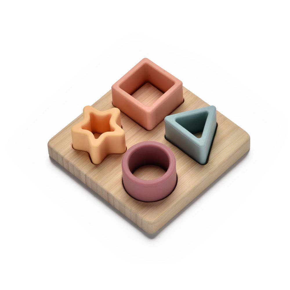 Set of colorful wooden shape sorting toys on a white background