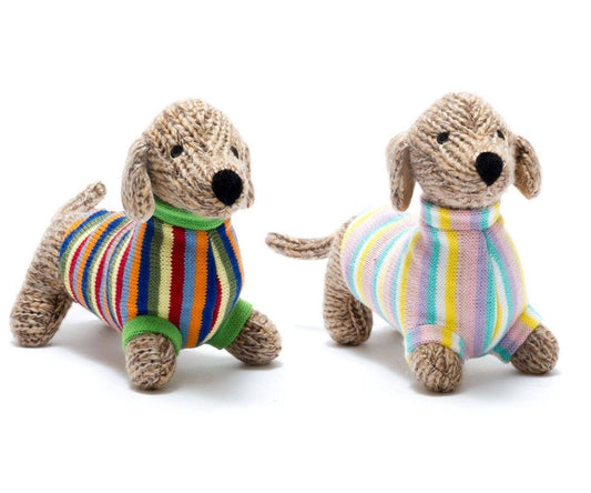 Knitted Sausage Dog Plush Toy with Pastel Jumper