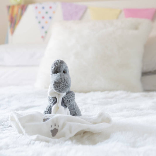 Knitted Grey Diplodocus Dinosaur Toy With Comforter