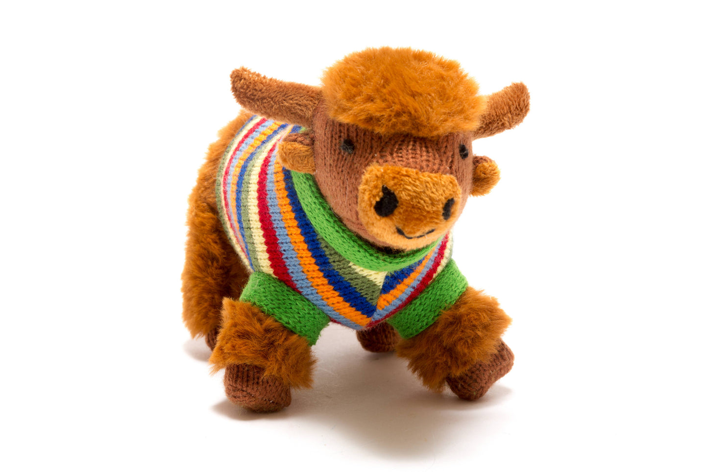 Knitted Highland Cow Baby Rattle with Stripe Jumper