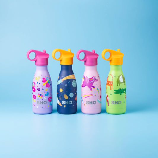 Four colorful water bottles with different designs on a blue background