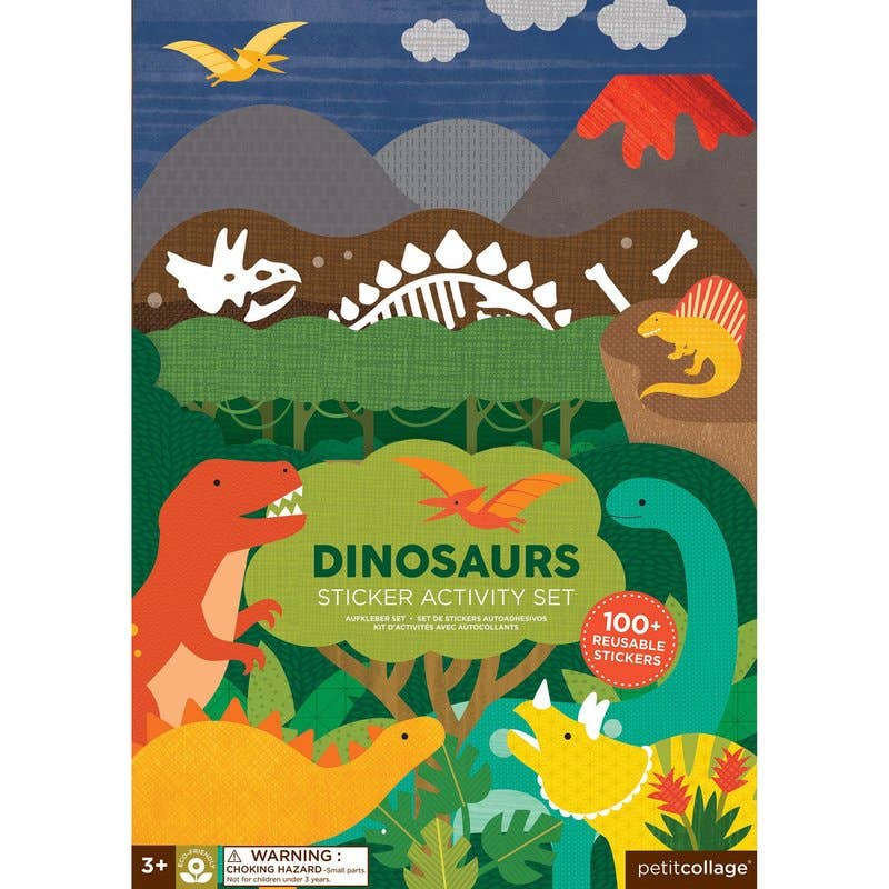 Dinosaurs sticker activity set packaging with colorful dinosaurs and a mountainous landscape.
