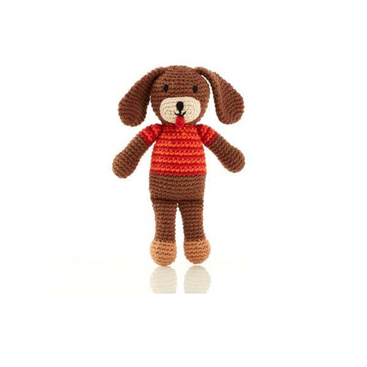 Crochet Baby Toy Dog in Red Stripe Jumper rattle