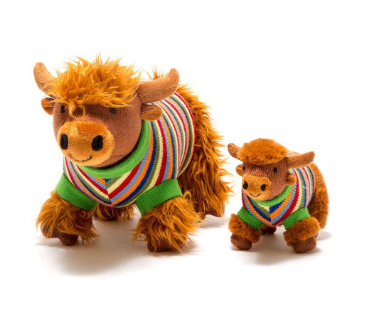 Ethically sourced - Knitted Highland Cow Baby Rattle with Stripe Jumper