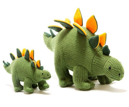 Knitted Stegosaurus Dinosaur Baby Rattle Green / Orange Ethically sourced - Acrylic yarn & recycled polyester fill | Eco Baby Toy UK
