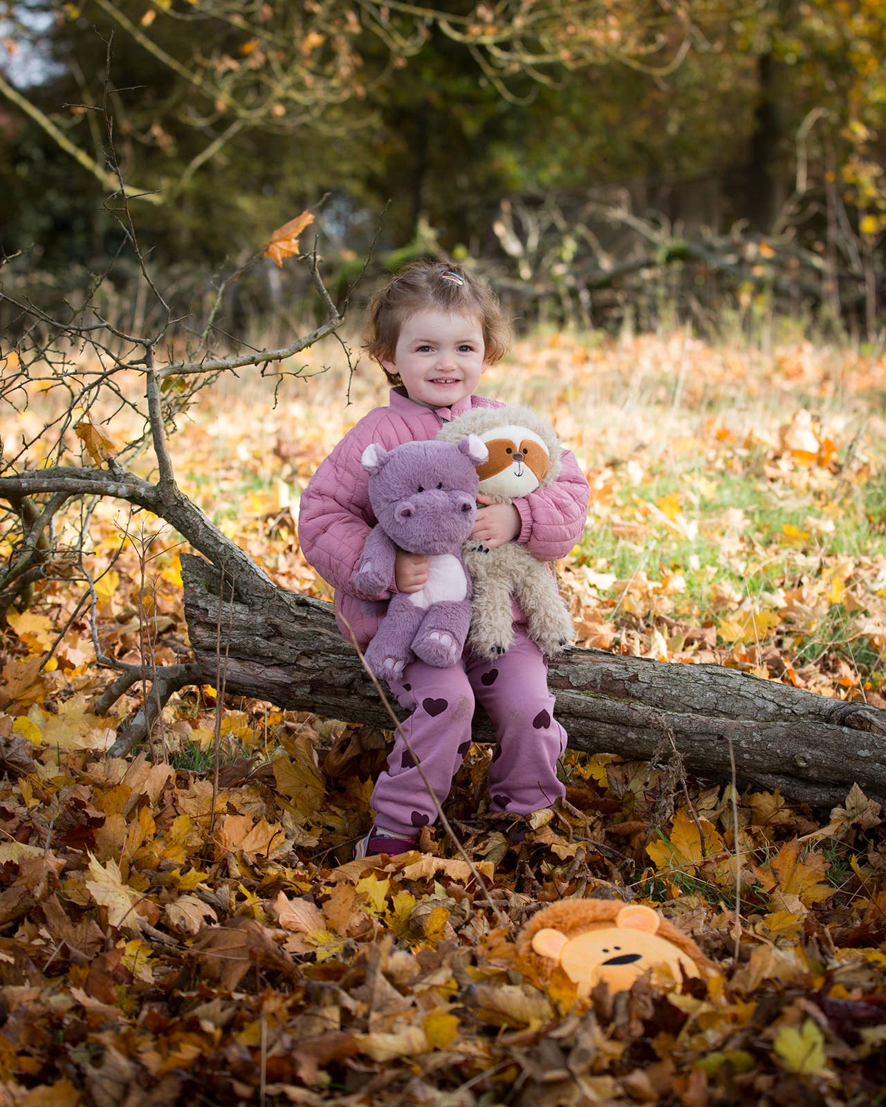 Child in pink outfit with stuffed animals sitting on a log in an autumn forest
