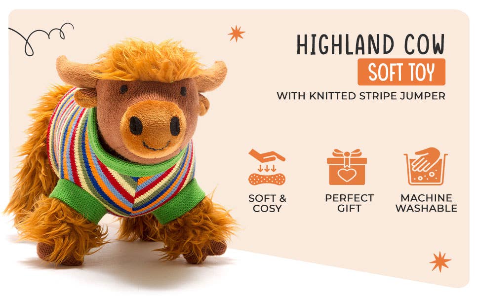 Knitted Highland Cow Plush Toy in Stripe Jumper