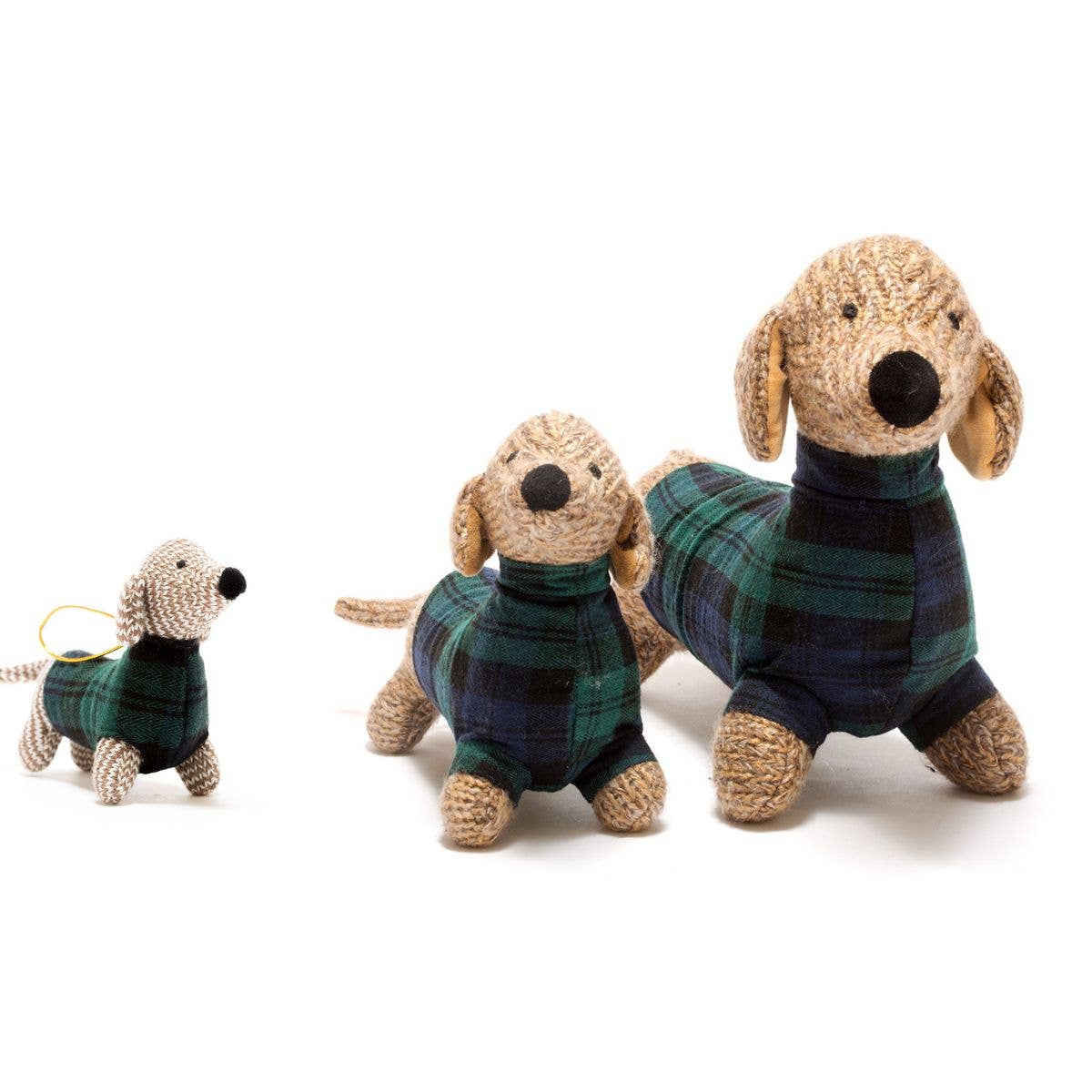 Knitted Sausage Dog Plush Toy with Tartan Jumper