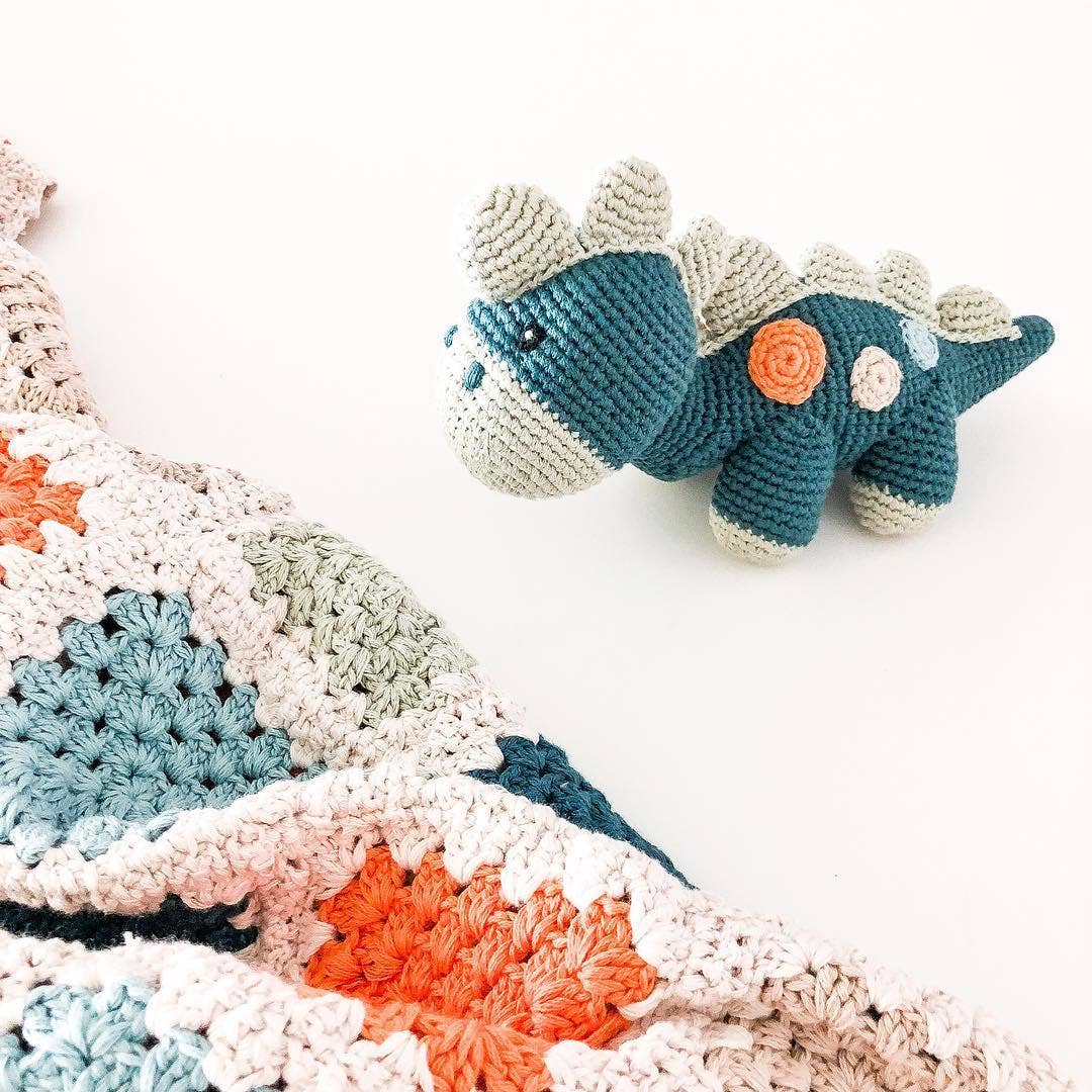 Crochet Baby Toy Dinosaur rattle - petrol blue