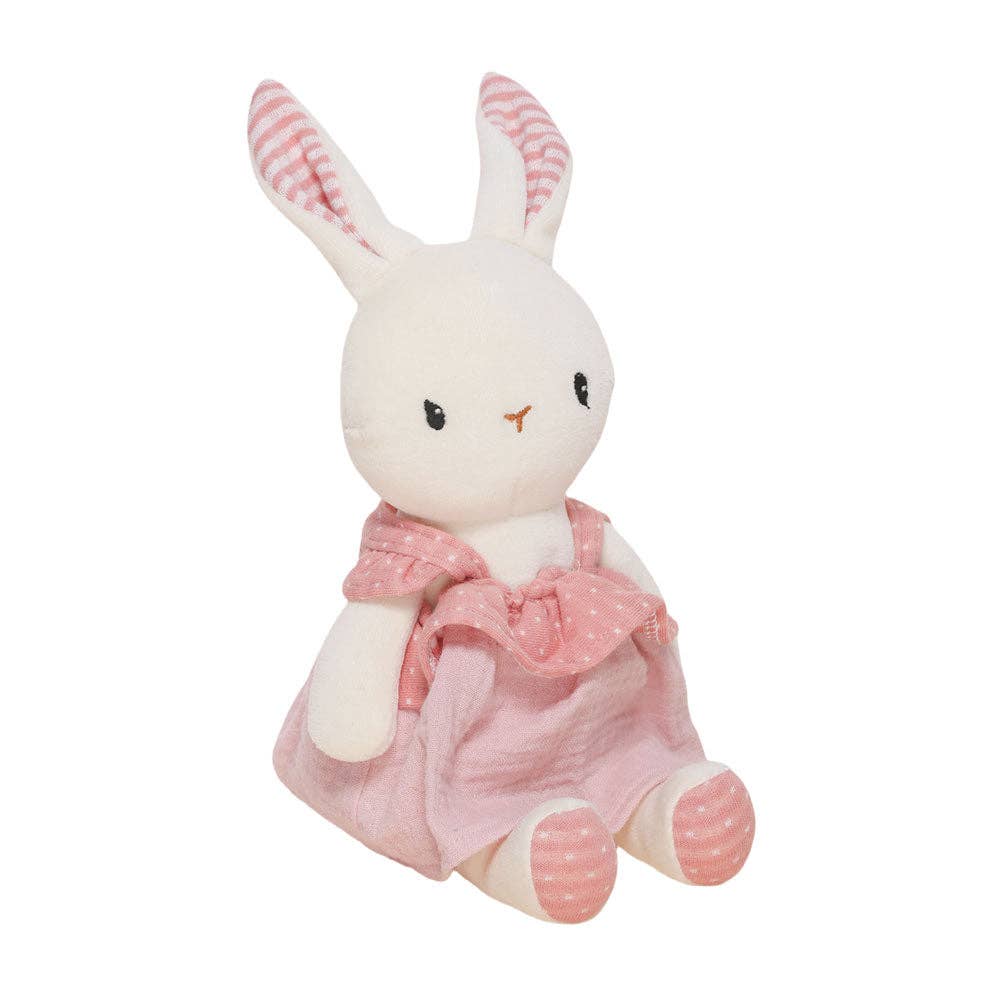 Plush rabbit toy in a pink dress on a white background