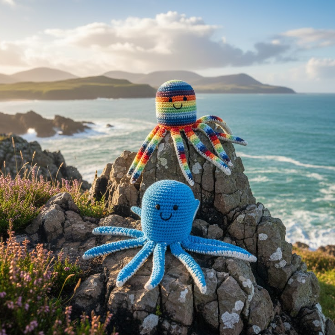 Two crocheted octopus toys on a rocky outcrop with ocean and mountains in the background