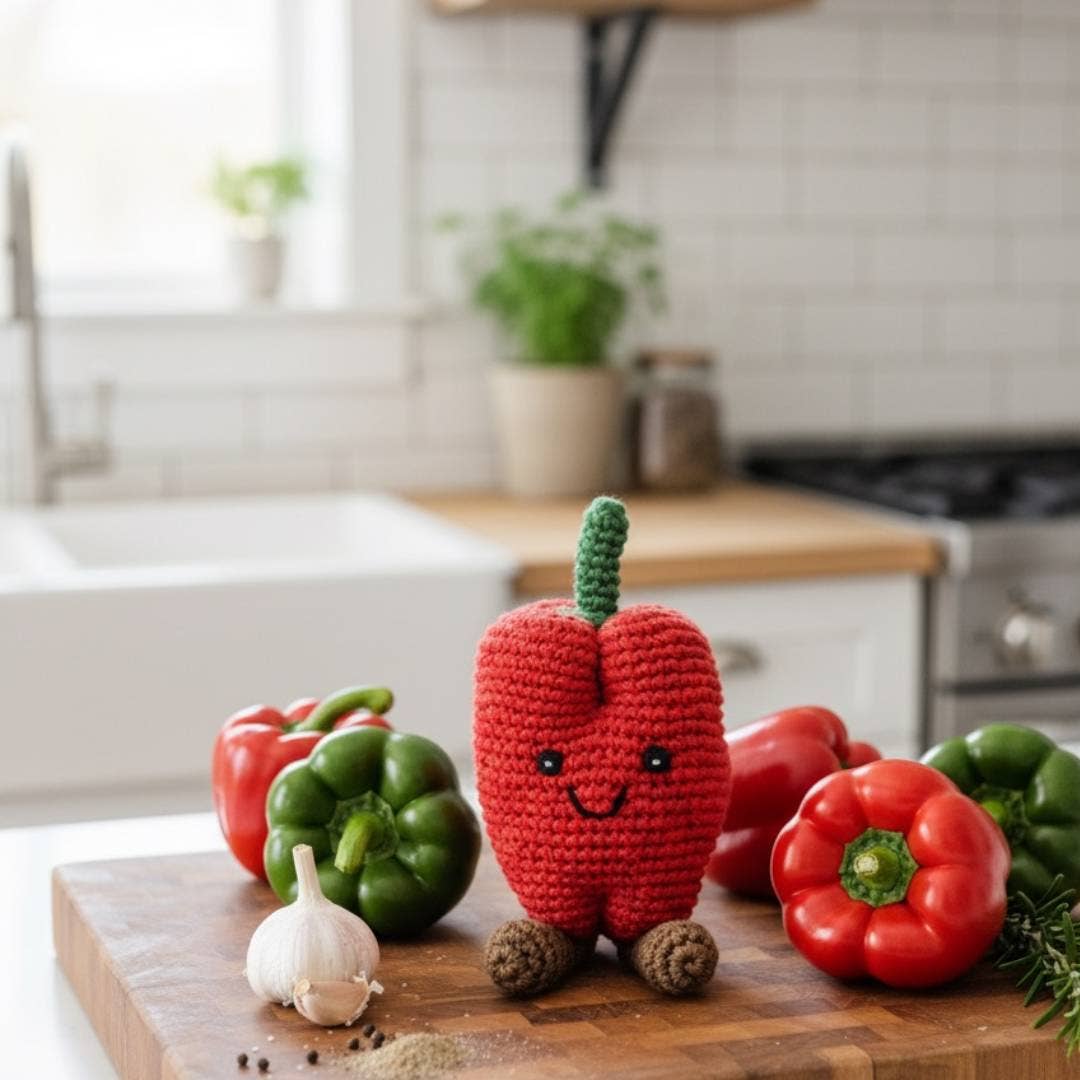 Crocheted red pepper toy on a kitchen counter with real peppers and garlic.