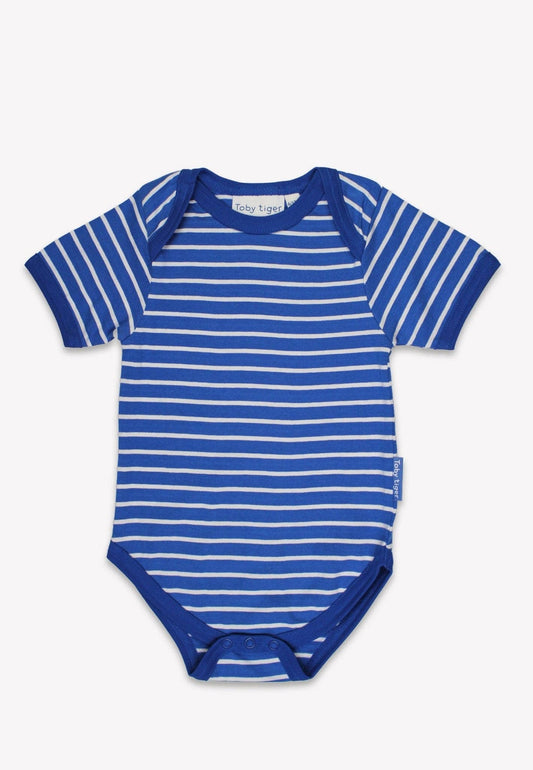 Blue and white striped baby bodysuit on a white background