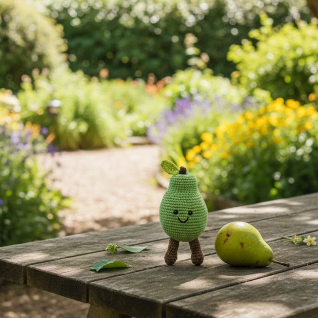 Crocheted pear plush toy next to a real pear on a wooden table with a garden background