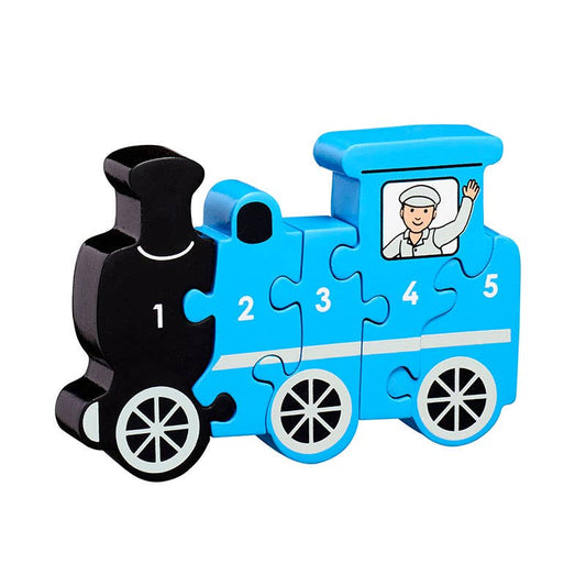 Blue train-shaped puzzle with numbered pieces on a white background