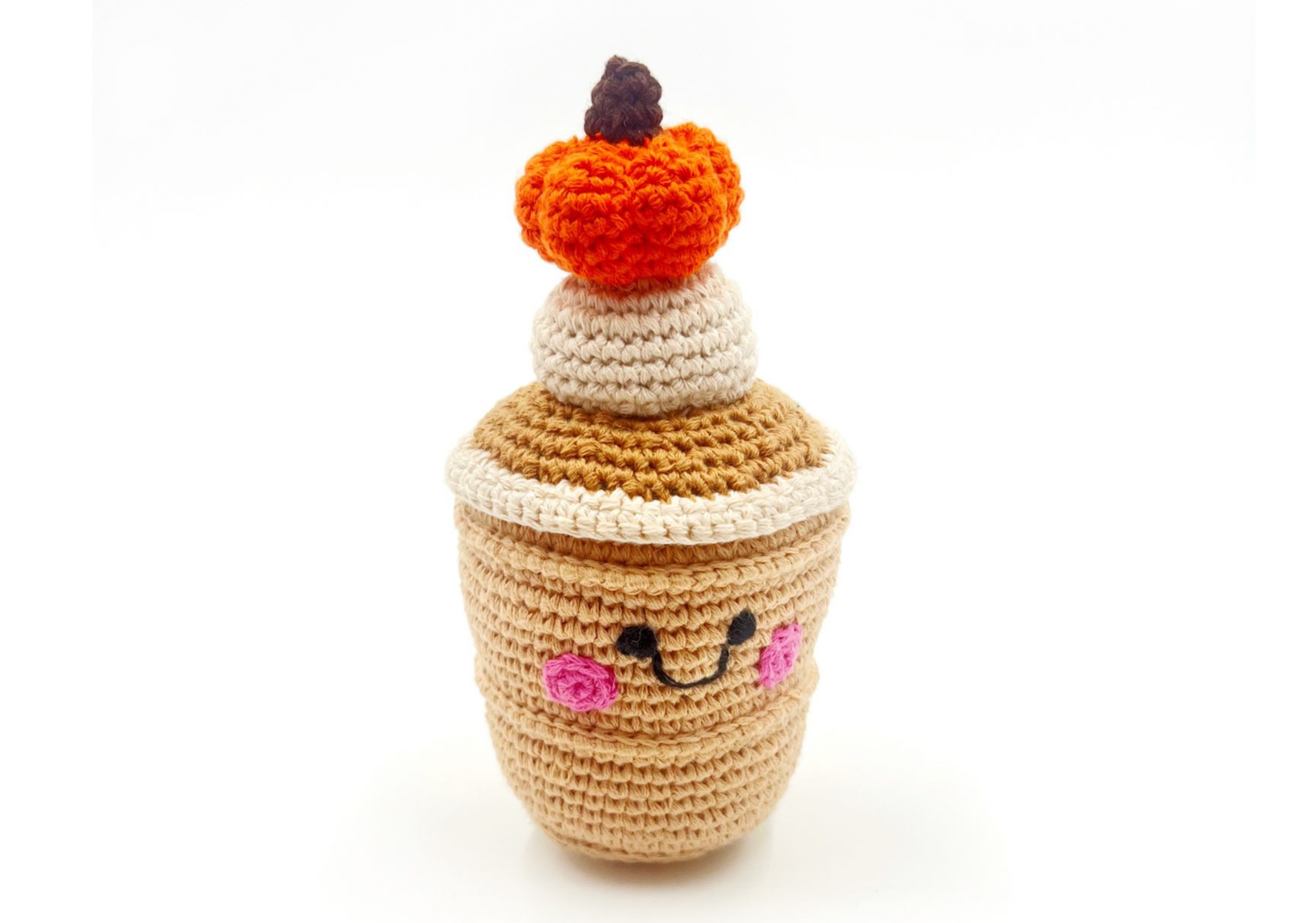 Crochet Baby Toy Friendly pumpkin spice latte rattle