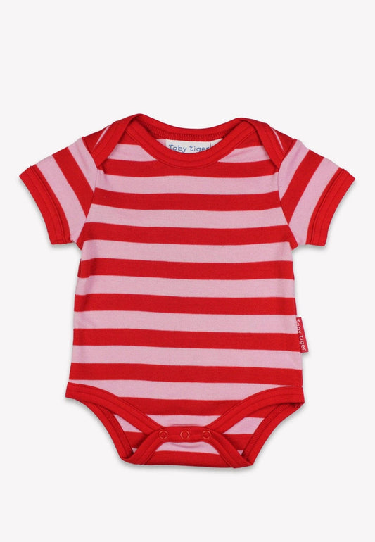 Red and white striped baby bodysuit on a white background