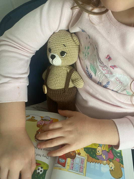 Crochet Teddy Bear – Organic Cotton, Brown Jumpsuit