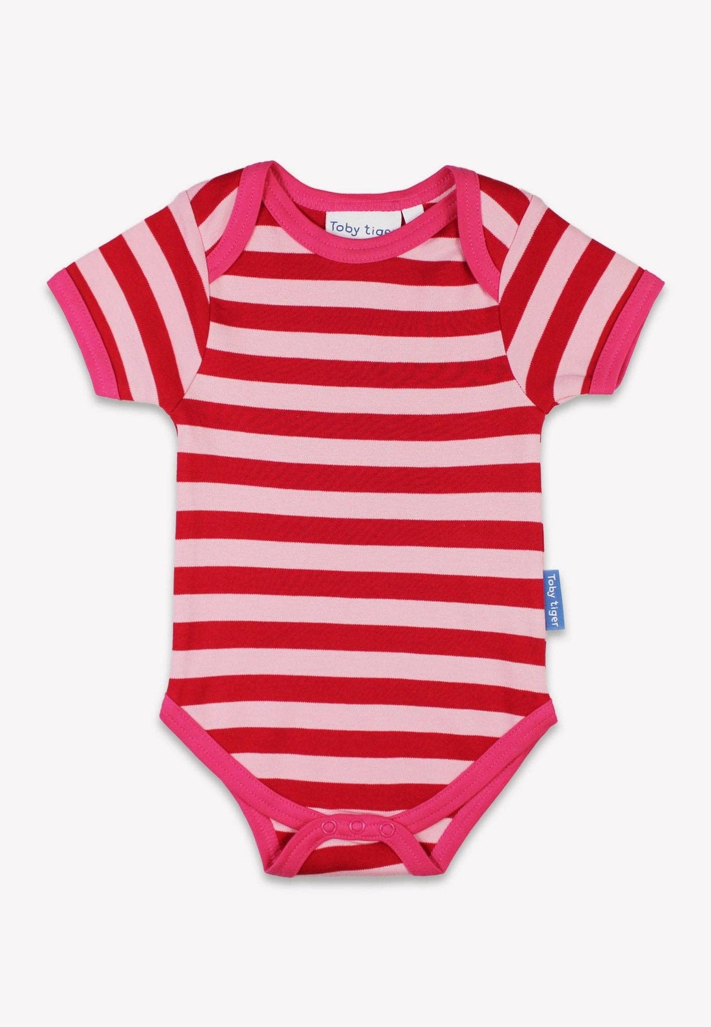Red and pink striped baby bodysuit on a white background