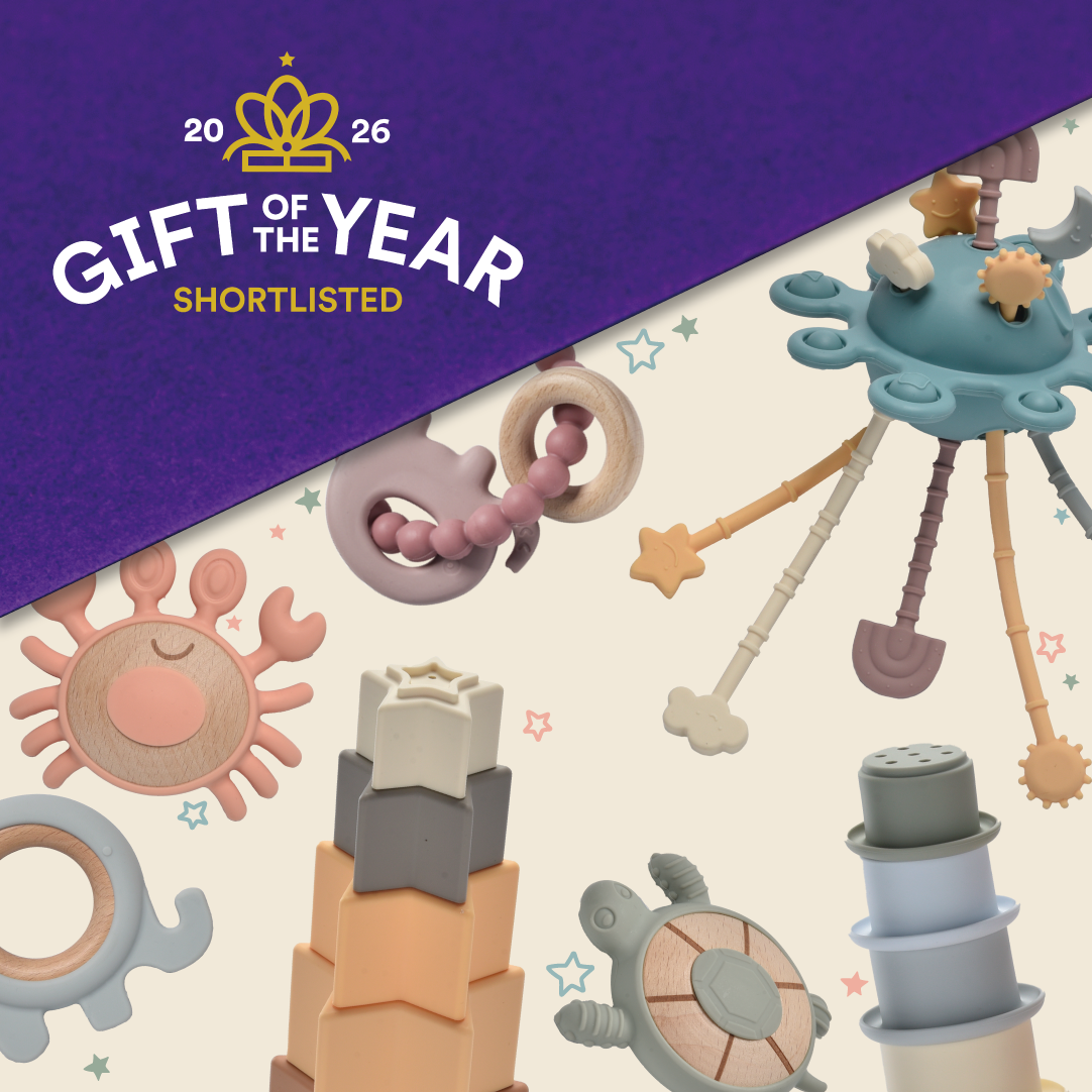 Children's toys with 'Gift of the Year 2026 Shortlisted' text on a purple and beige background