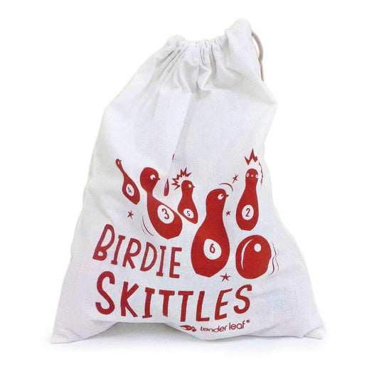 White drawstring bag with red 'Birdie Skittles' design on a white background