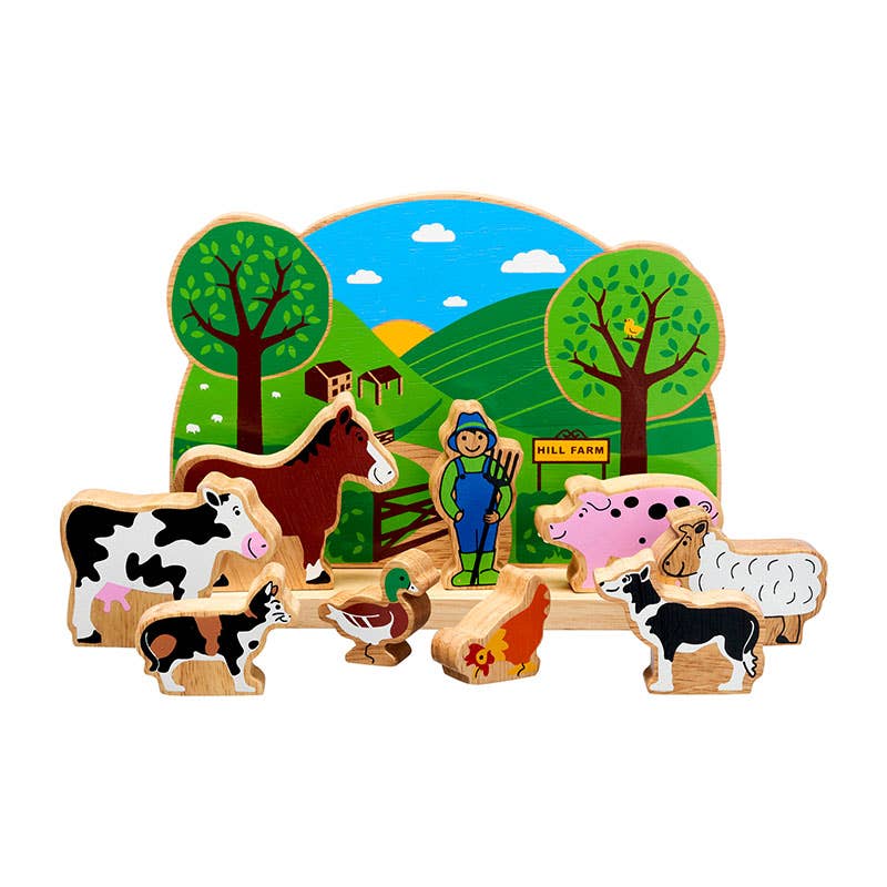 Wooden farm animal puzzle with a farmer figure and scenic background
