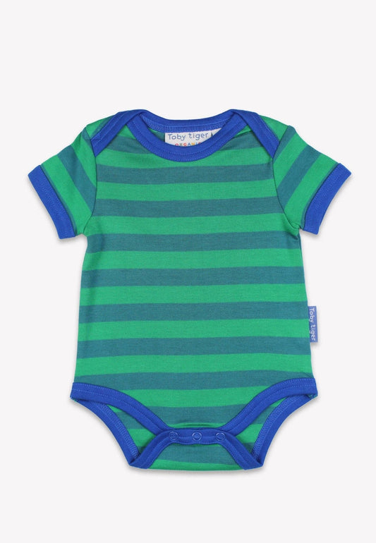 Green and blue striped baby bodysuit on a white background