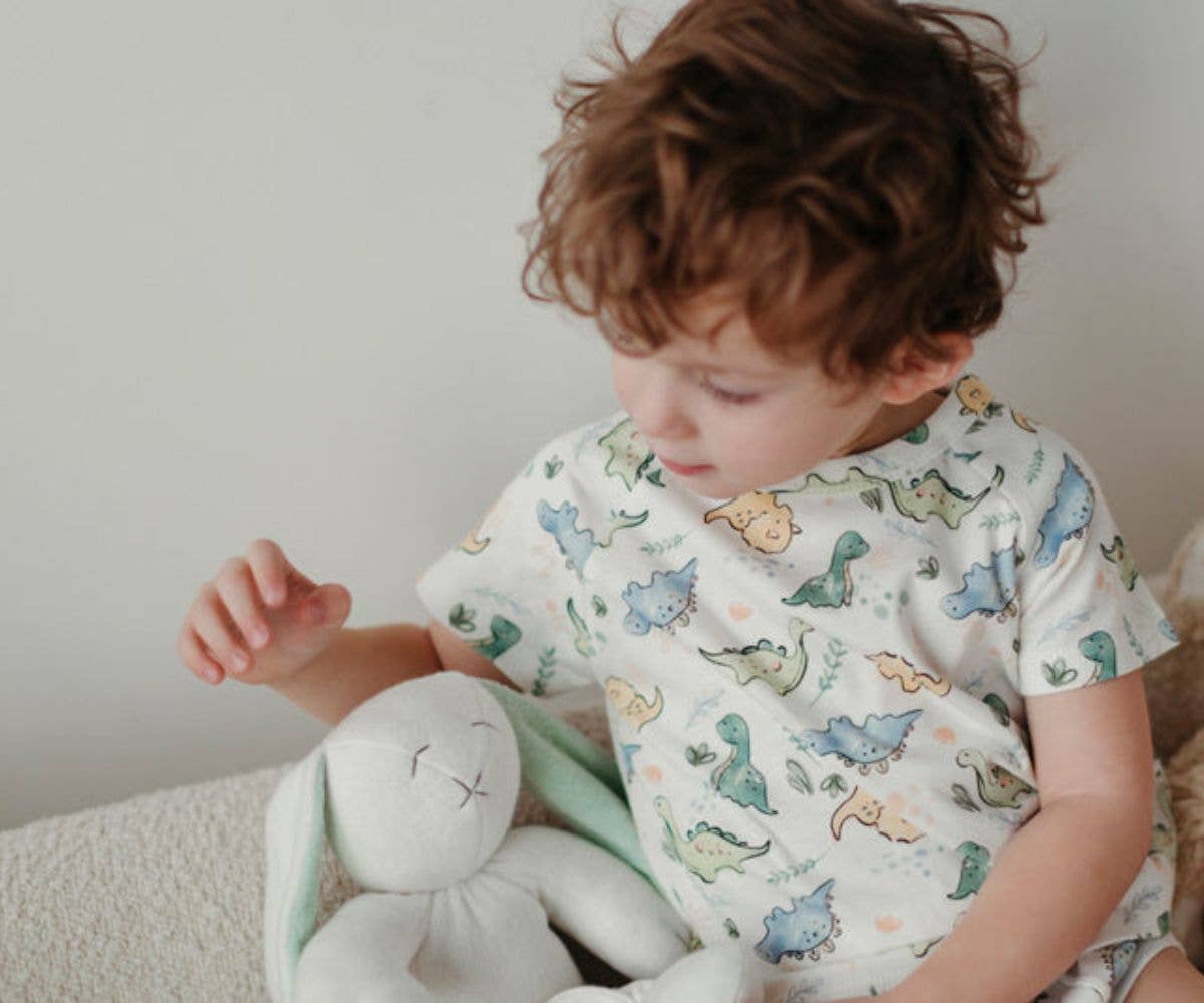 Child wearing a dinosaur-patterned shirt holding a plush toy.