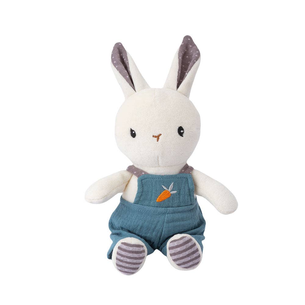 Plush toy rabbit in denim overalls with a carrot on a white background