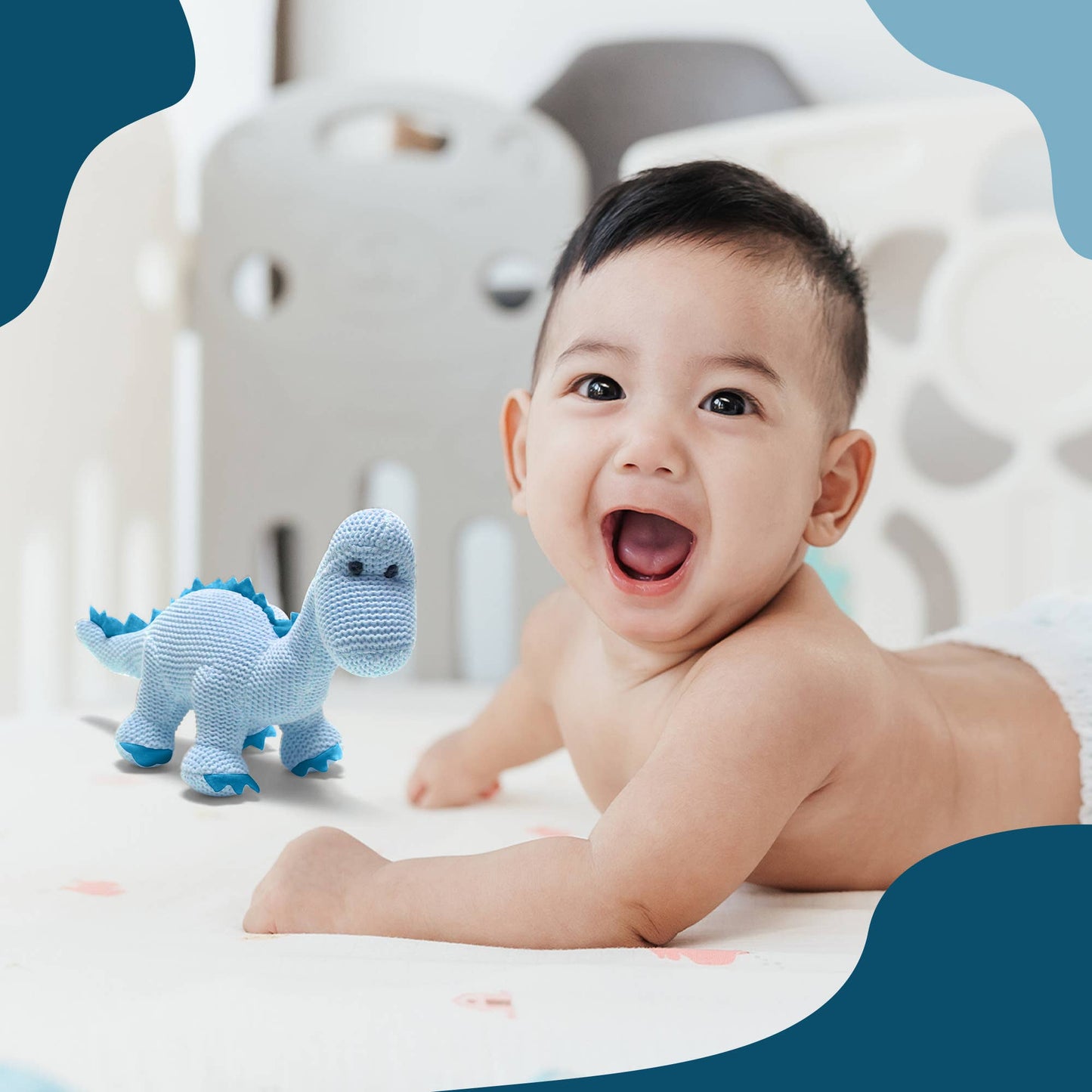 Dinosaur Baby Rattle, Knitted Organic Cotton Blue Diplodocus