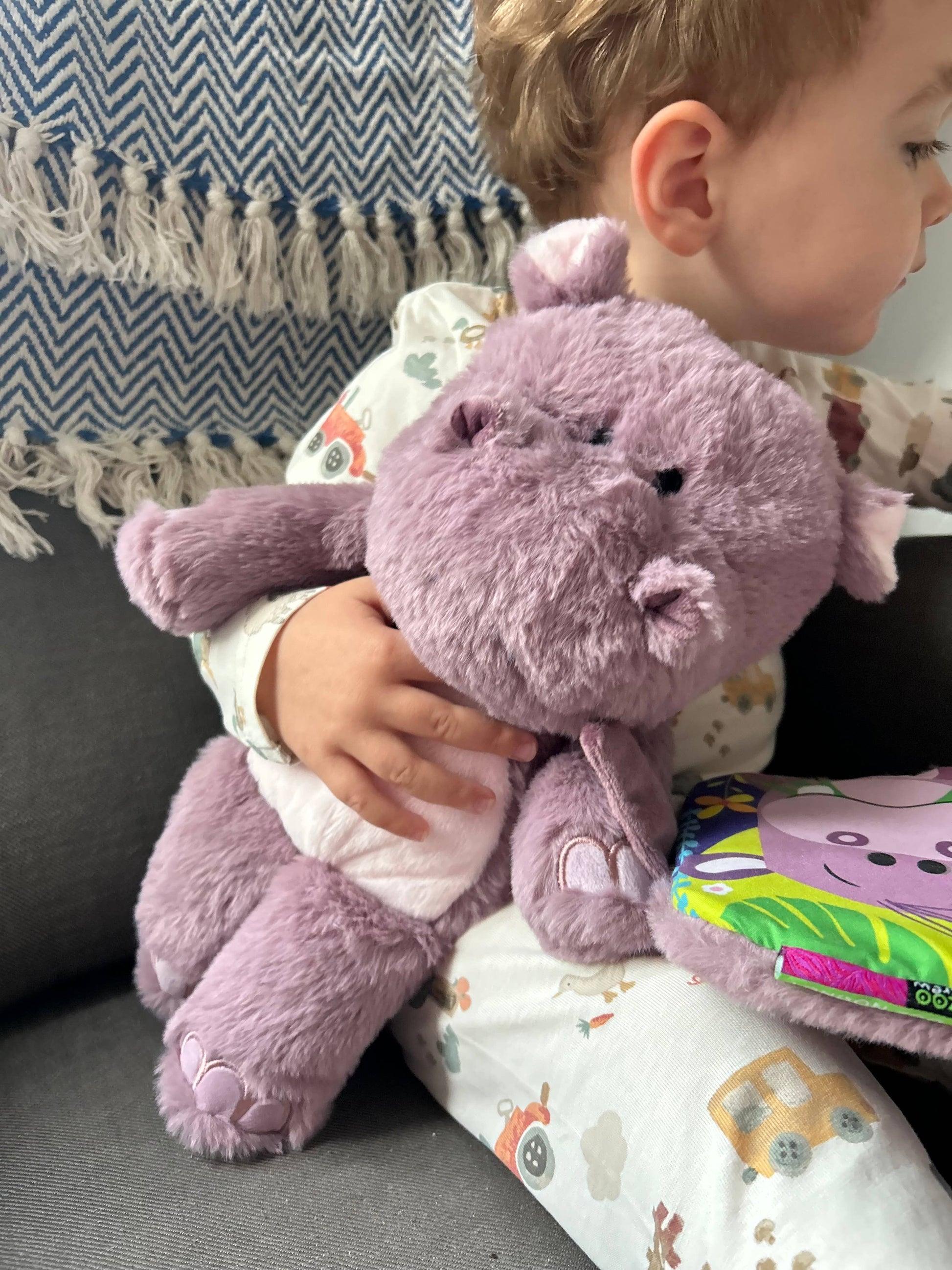 Child holding a purple hippo with a patterned blanket and couch in the background