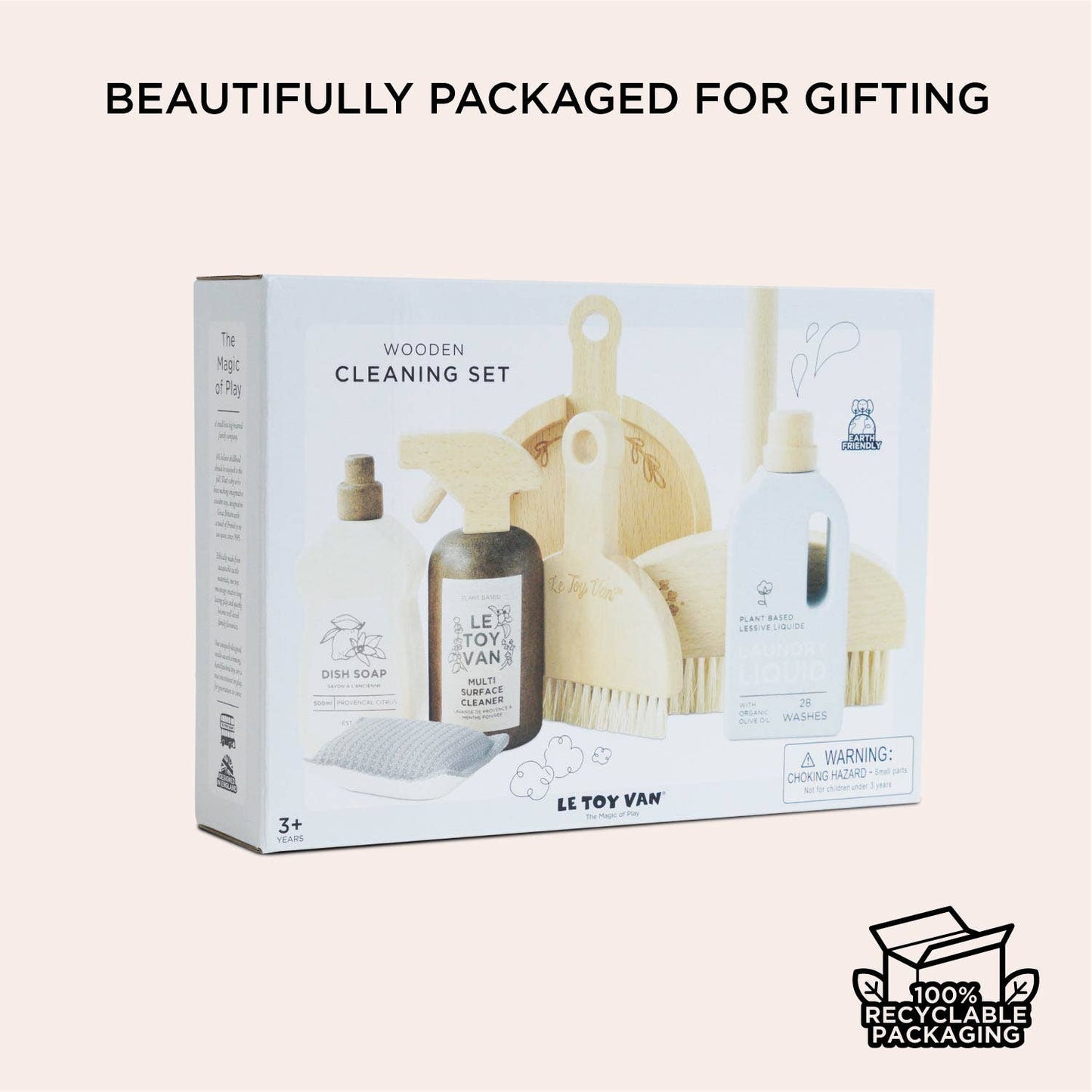 Le Toy Van wooden cleaning set packaging with cleaning tools and soap, on a light beige background.