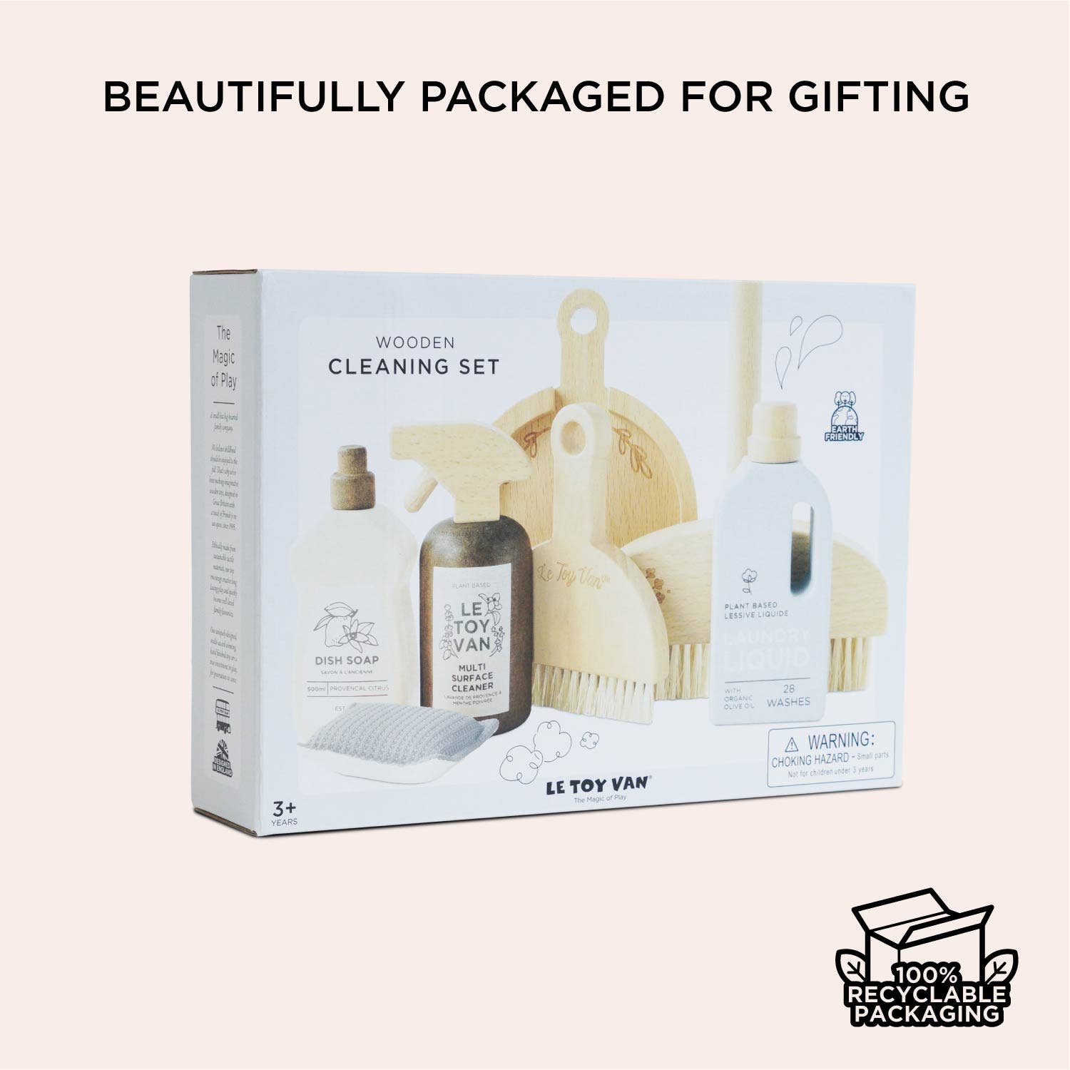 Le Toy Van wooden cleaning set packaging with cleaning tools and soap, on a light beige background.