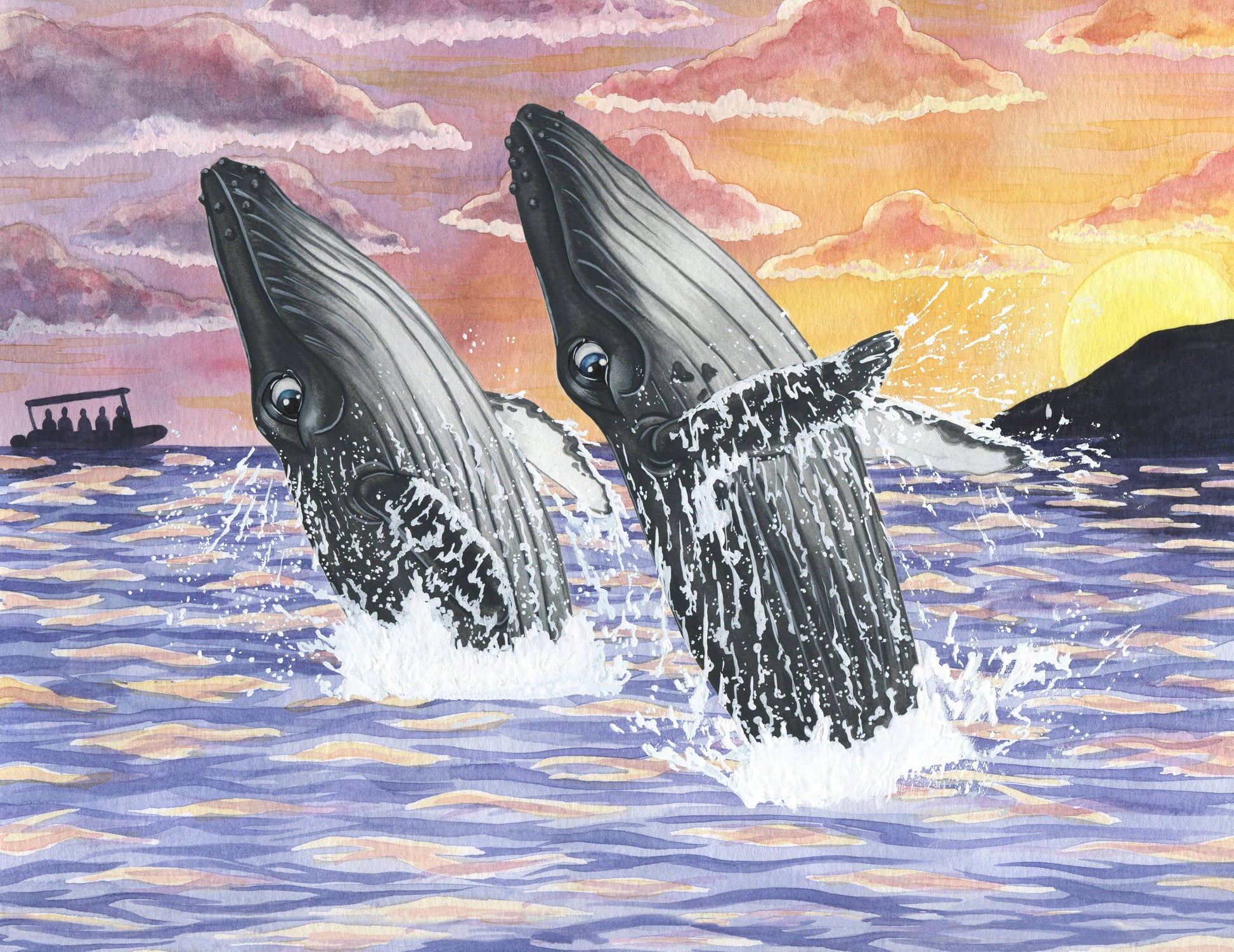 Two whales breaching out of water with a colorful sky and boat in the background