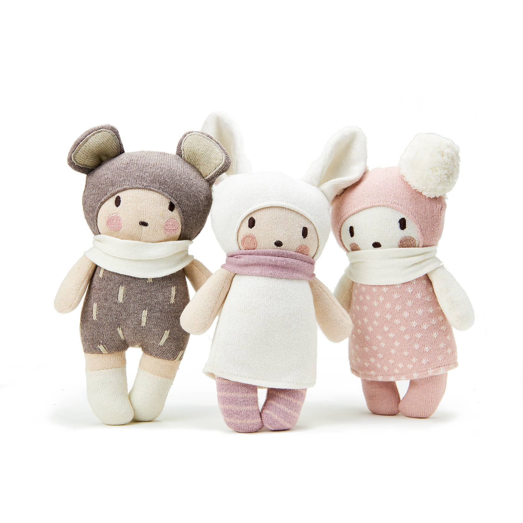 Three plush toys with animal hats and scarves on a white background
