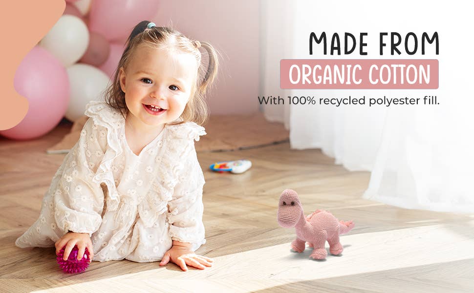 Dinosaur Baby Rattle, Knitted Organic Cotton Pink Diplodocus
