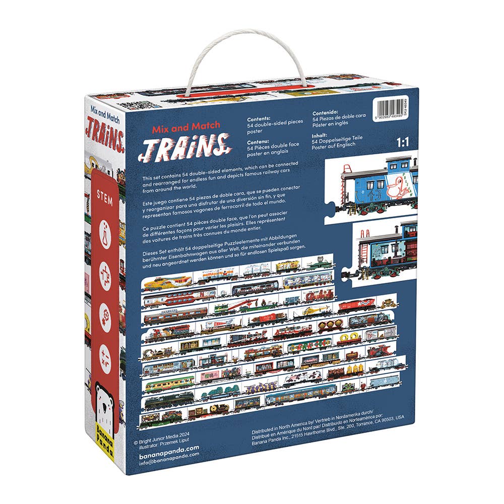 Box of 'Mix and Match Trains' toy set with images of trains on a white background