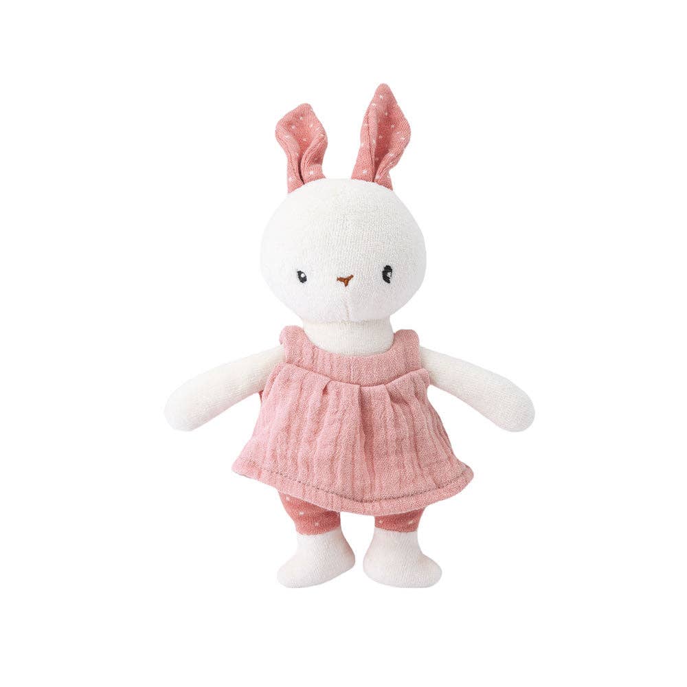 Stuffed rabbit toy with a pink dress on a white background