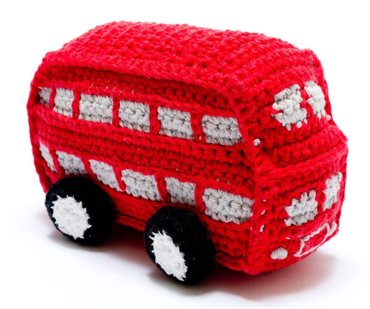 Red London Bus Baby Rattle, Crochet Organic Handmade