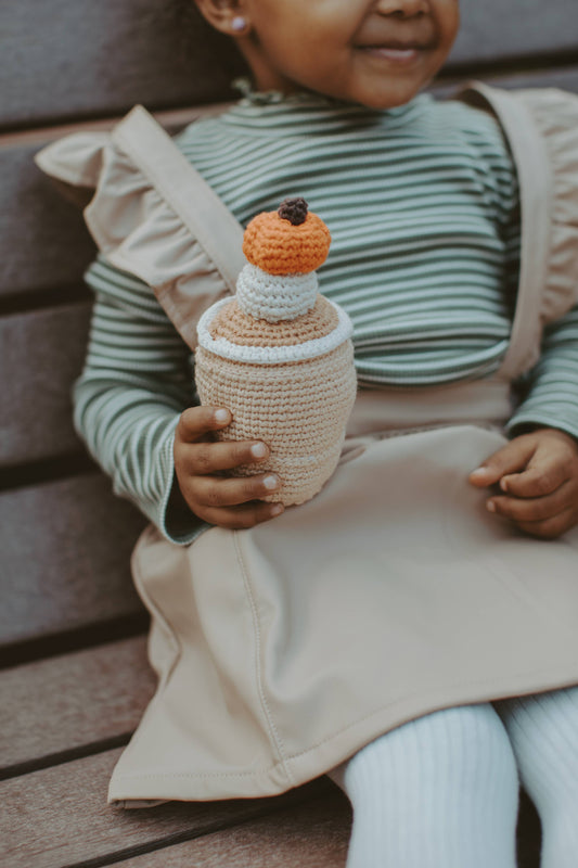 Crochet Baby Toy Friendly pumpkin spice latte rattle