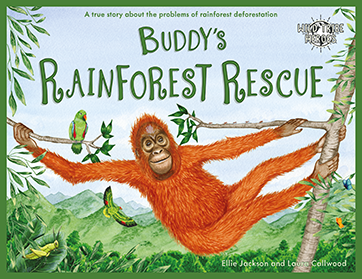 Book cover of 'Buddy's Rainforest Rescue' with an orangutan and parrot on a branch.