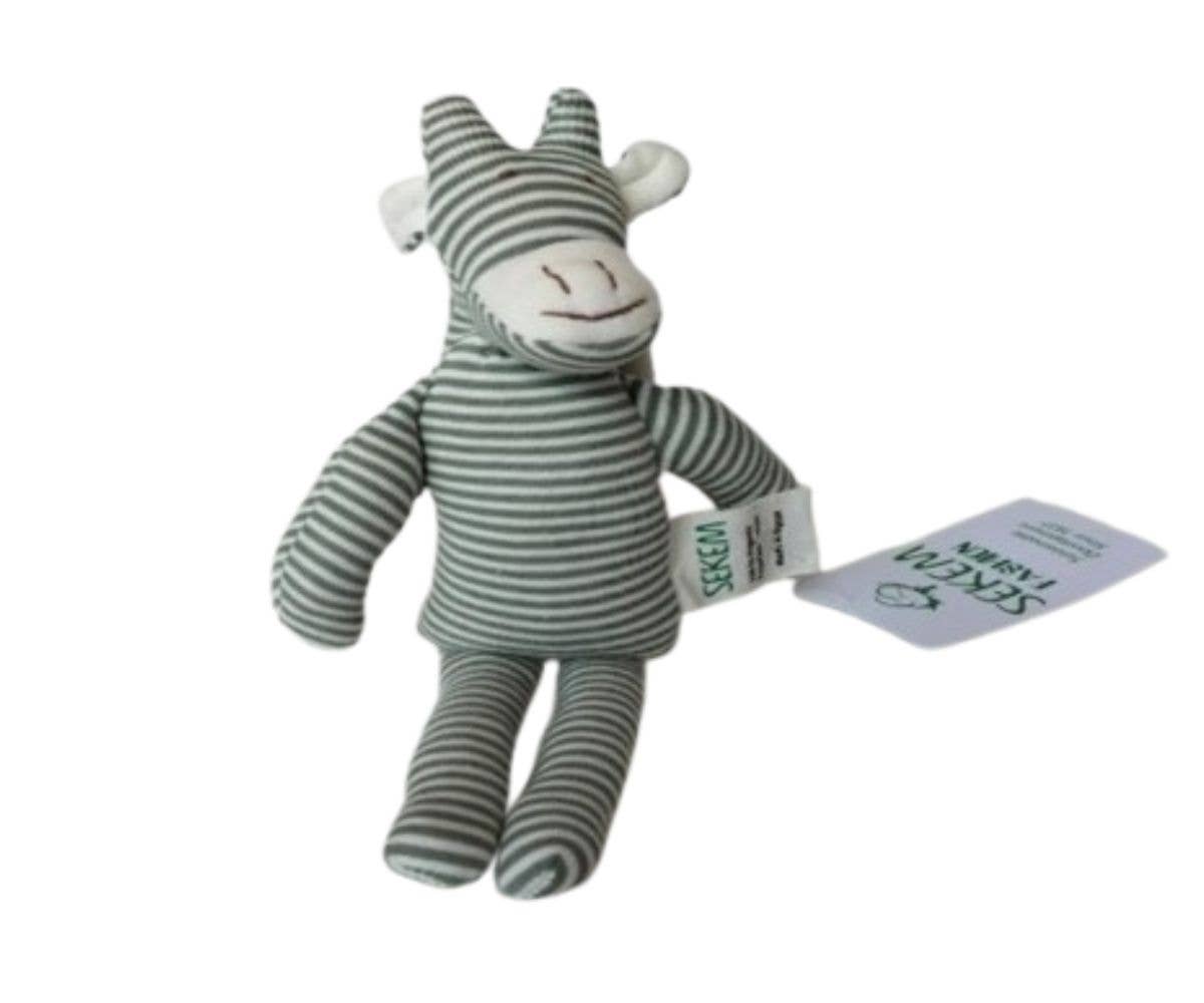 Striped sock giraffe toy with a tag on a white background