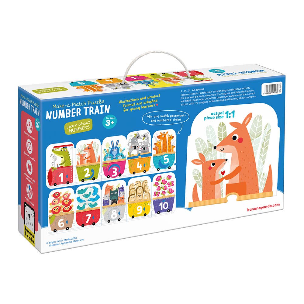 Box of a Number Train puzzle with colorful train cars and animal illustrations on a white background.