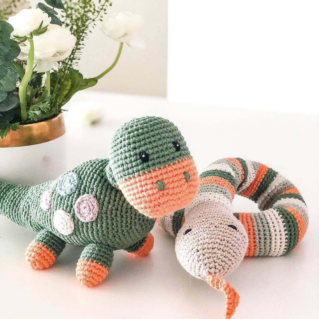 Crochet Baby Toy Dinosaur rattle - dippi - khaki