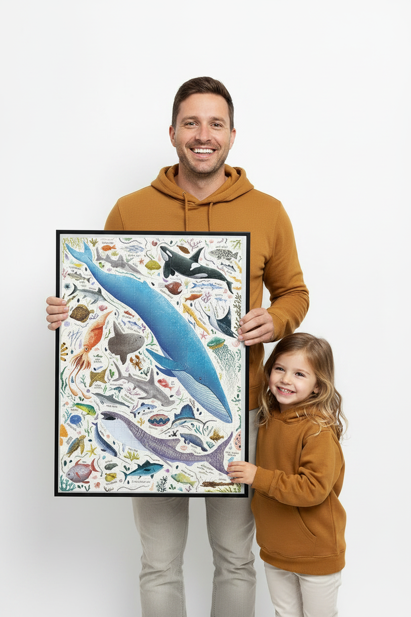Man and child holding up completed puzzle
