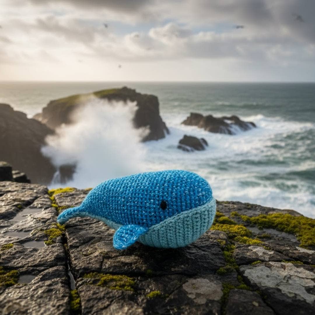 Blue knitted whale toy on a rocky outcrop with ocean waves in the background