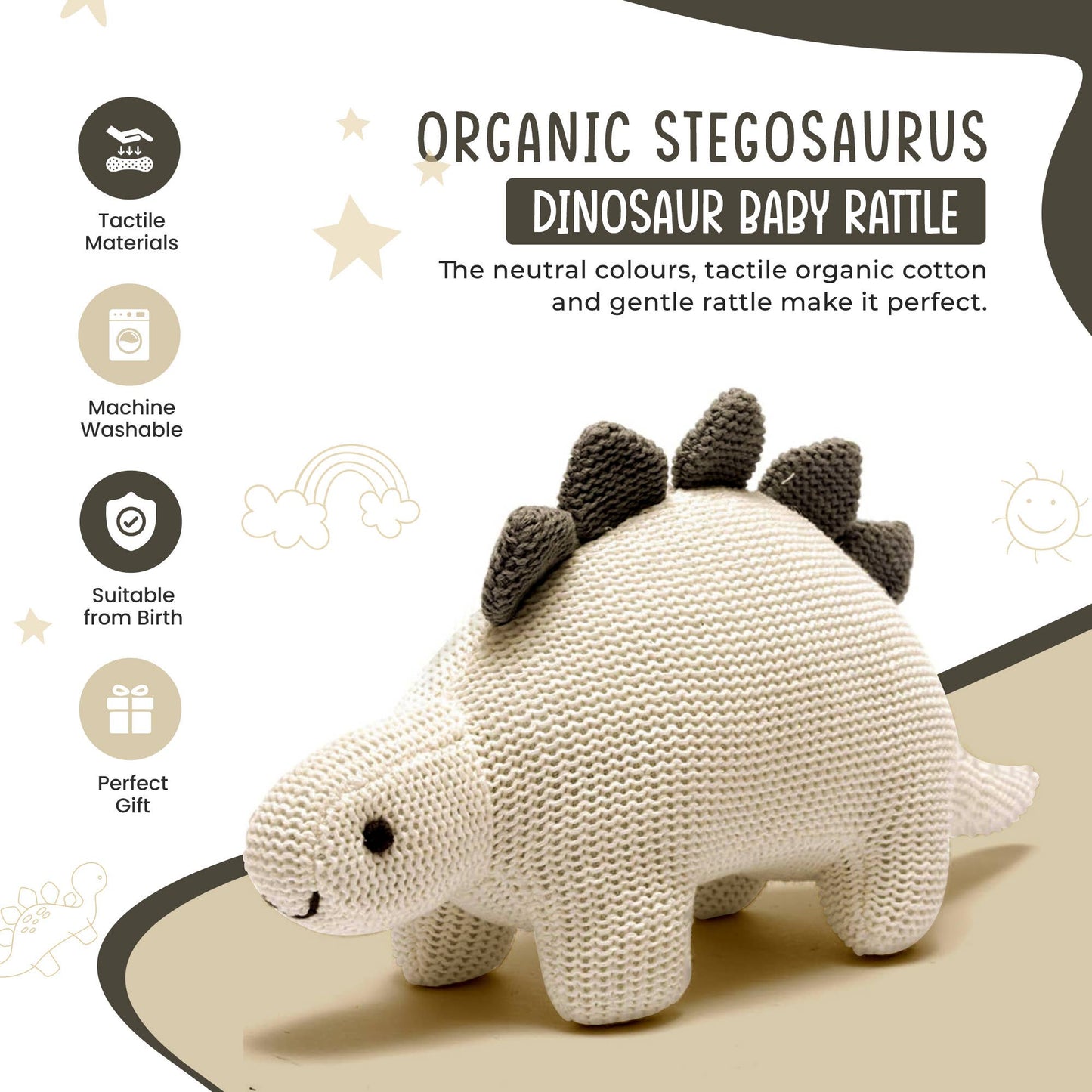 Organic White Cotton Knit Stegosaurus Dinosaur Rattle