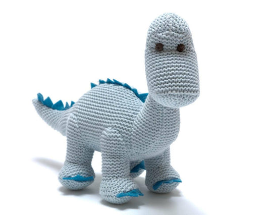 Dinosaur Baby Rattle, Knitted Organic Cotton Blue Diplodocus
