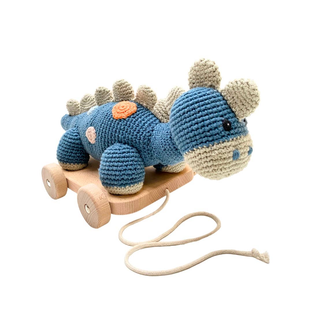 Crochet 2 in 1 Pull along toy dinosaur steggi Petrol blue