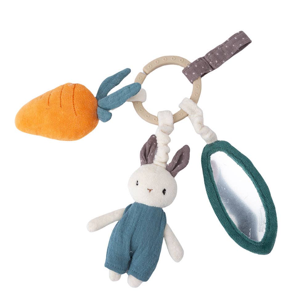 Children's toy with a rabbit, carrot, and mirror on a white background